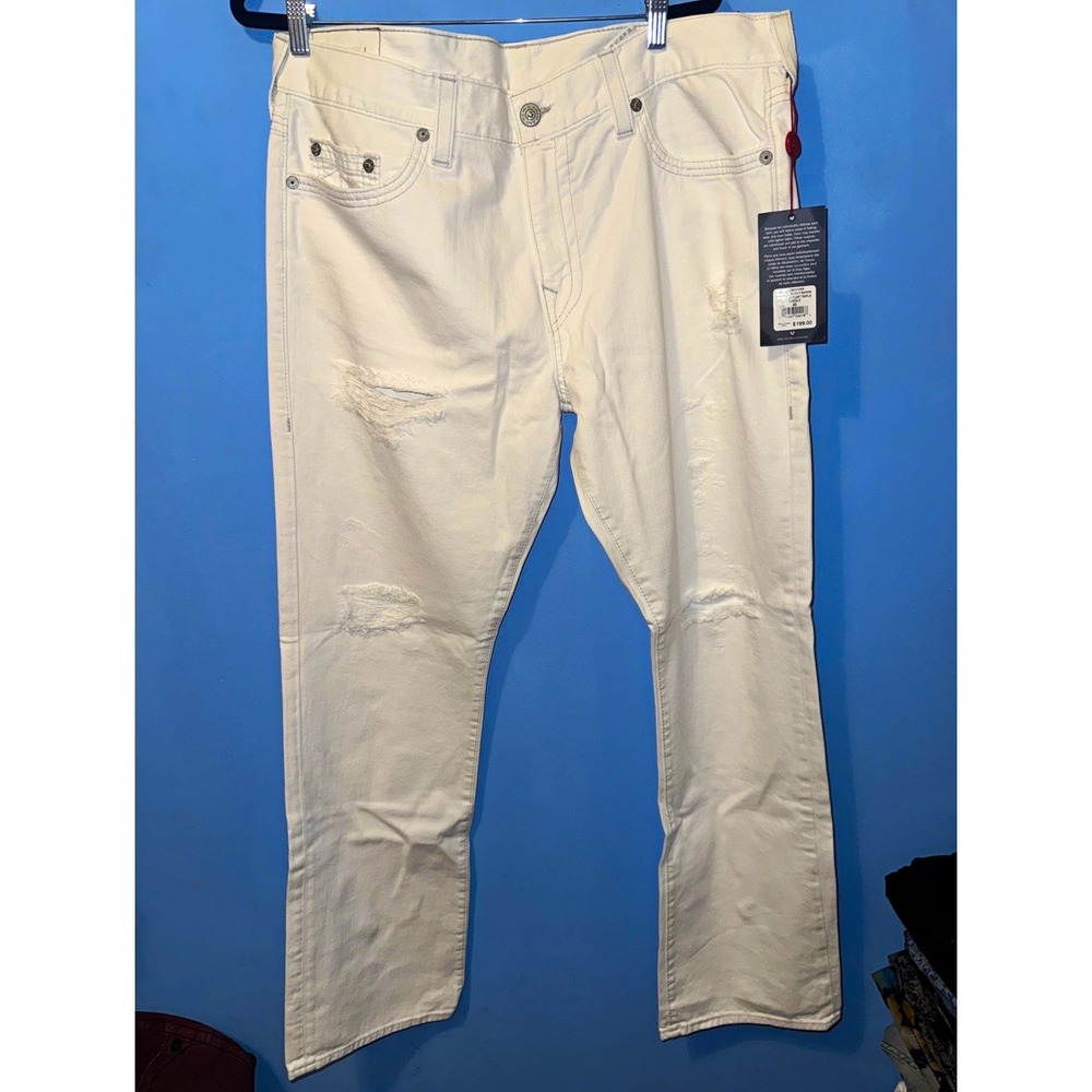 True Religion Ricky Relaxed Straight Jeans White Distressed MC683WW9 Mens 40x34